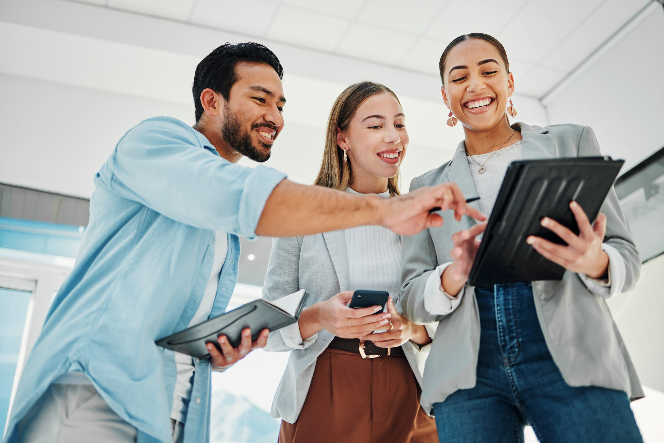 Business people, teamwork and collaboration on tablet for data analytics, marketing results and com.